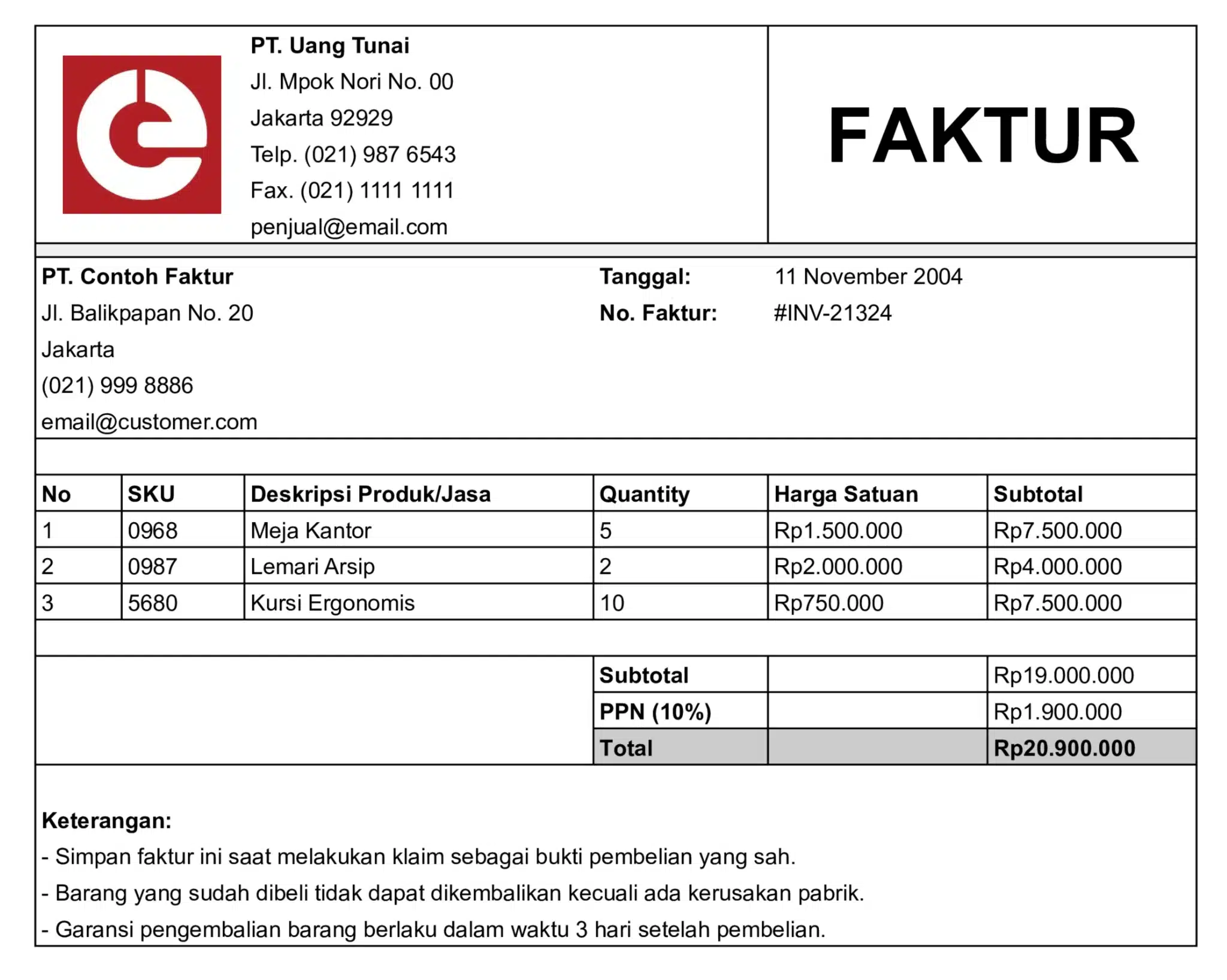 Faktur Penjualan Tunai