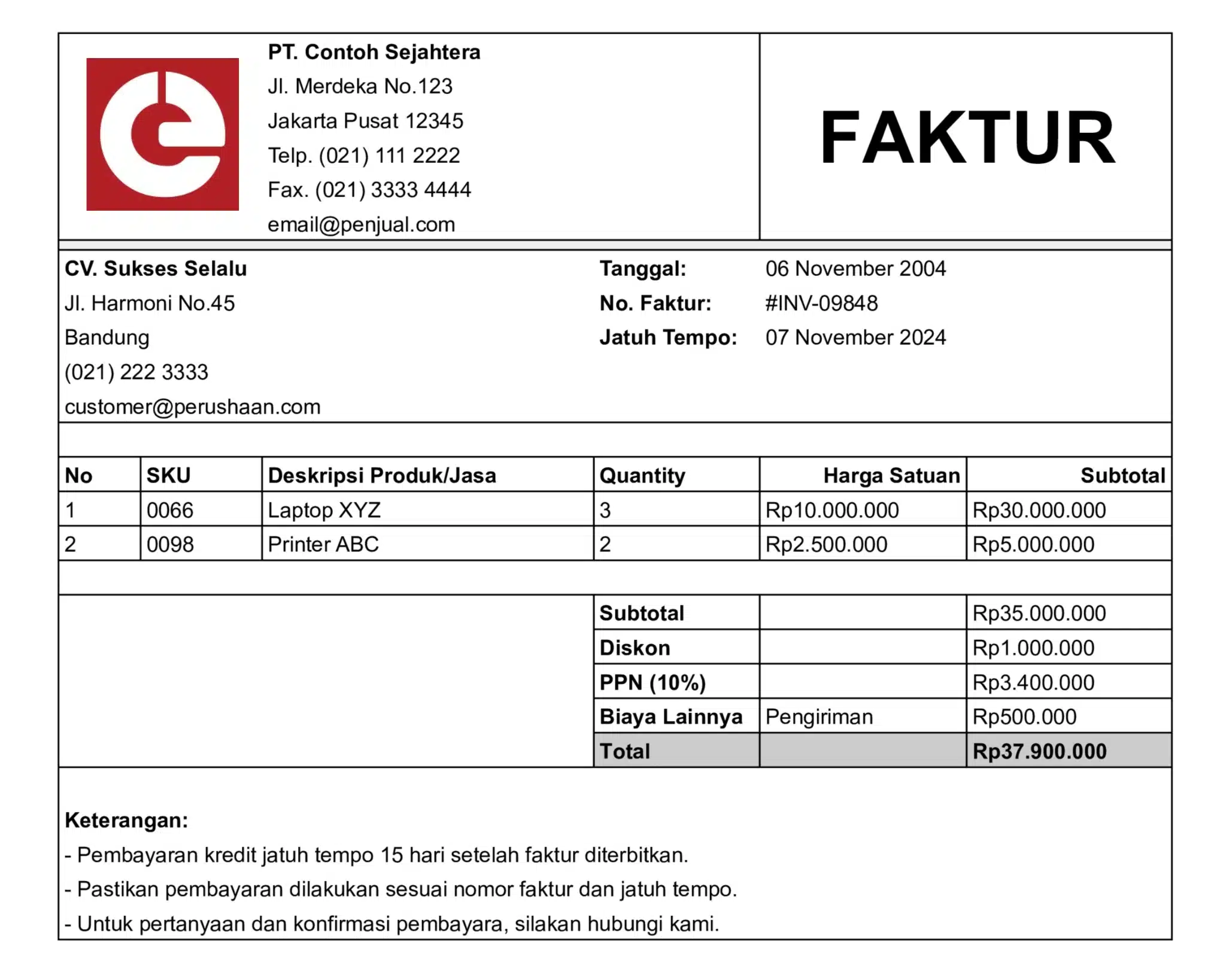 Faktur Penjualan Kredit